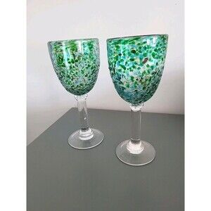 Hand Blown Art Glass Goblets Wine Water Glasses Green Blue Confetti Mexico 10oz